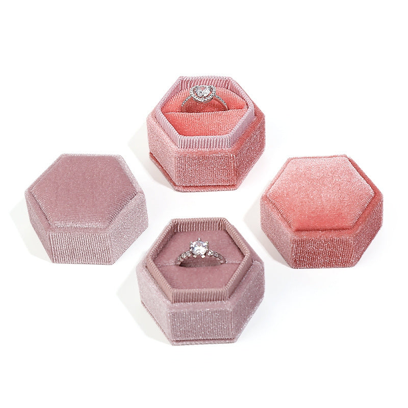 Casual Hexagonal Pink Velvet Jewelry Box for Earrings, Pendants, and Rings