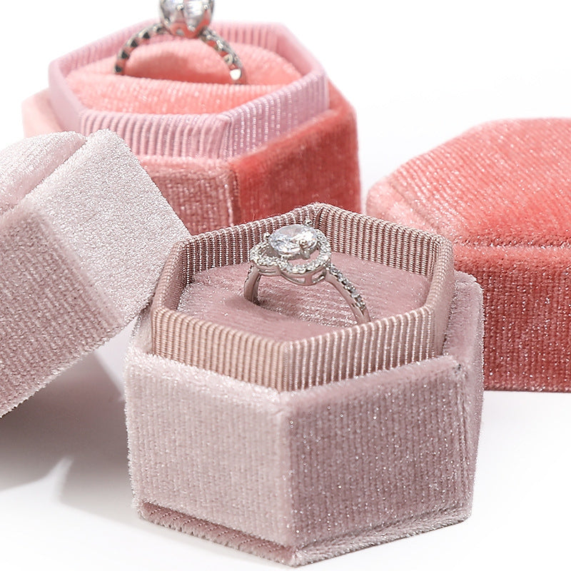 Casual Hexagonal Pink Velvet Jewelry Box for Earrings, Pendants, and Rings