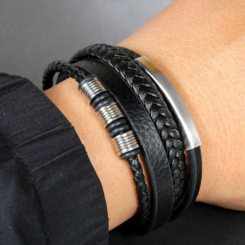 Casual Multi-Layer Braided PU Leather Stainless Steel Men's Bracelet