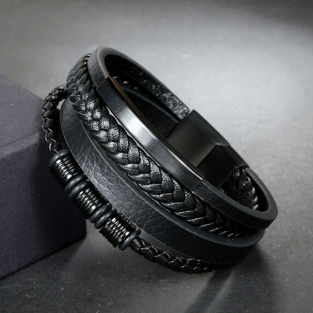 Casual Multi-Layer Braided PU Leather Stainless Steel Men's Bracelet