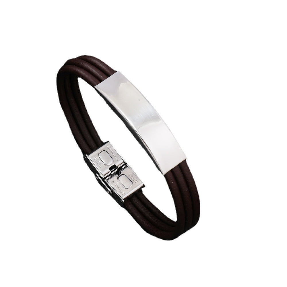 Casual Stainless Steel Leather Braid Men's Bracelet with Cowhide Rope and Buckle