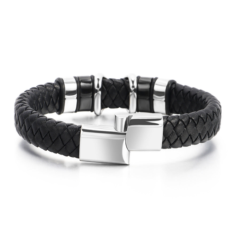 Casual Solid Color Stainless Steel Plated Men's Bangle with Vintage Letter X Leather Braided Bracelet