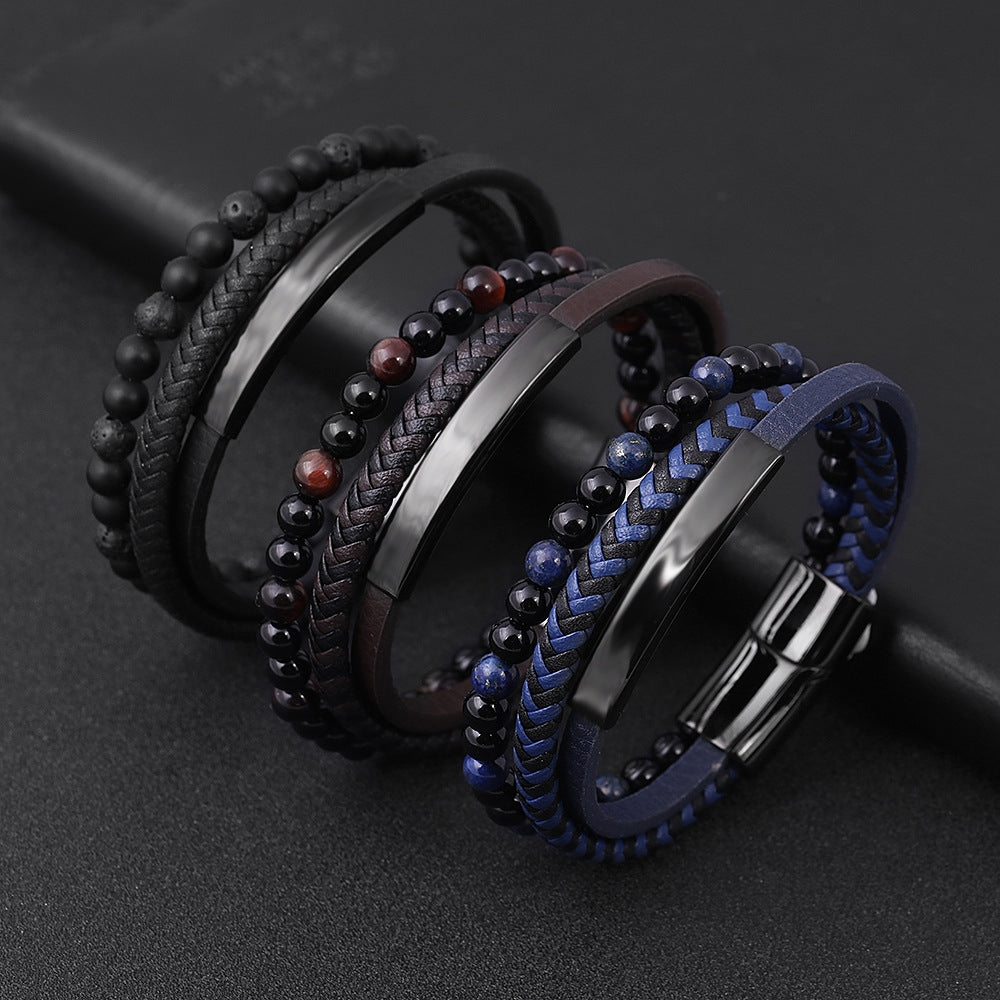 Geometric Titanium Steel Lapis Lazuli and Lava Stone Men's Bracelet