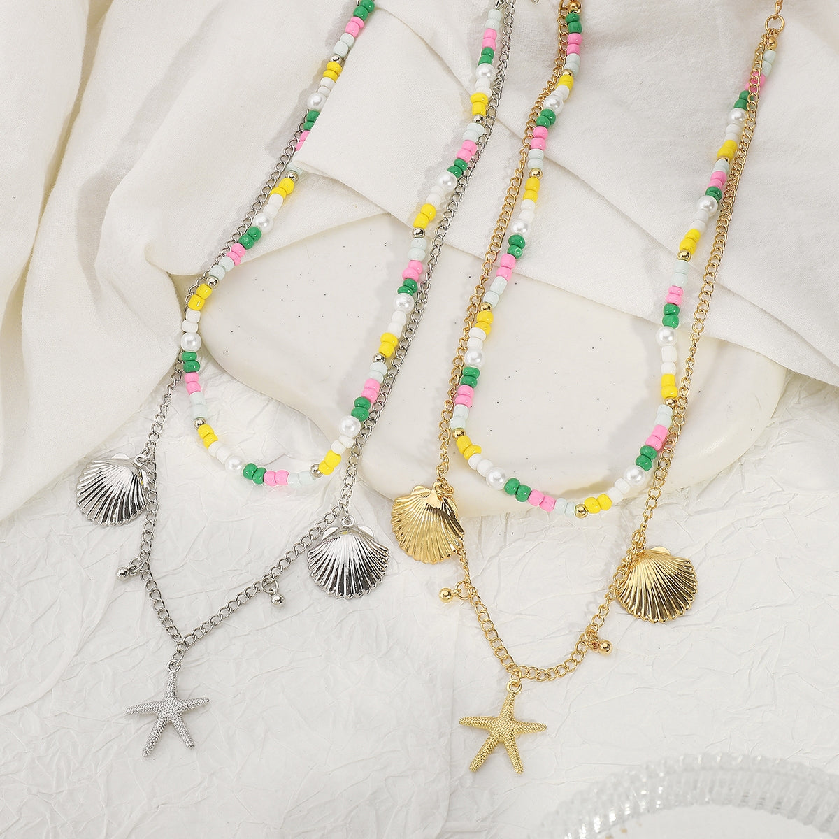 Bohemian Ocean Starfish Shell Pendant Double Layer Necklace with Imitation Pearl and Seed Beads