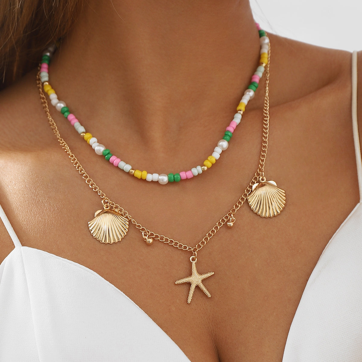 Bohemian Ocean Starfish Shell Pendant Double Layer Necklace with Imitation Pearl and Seed Beads