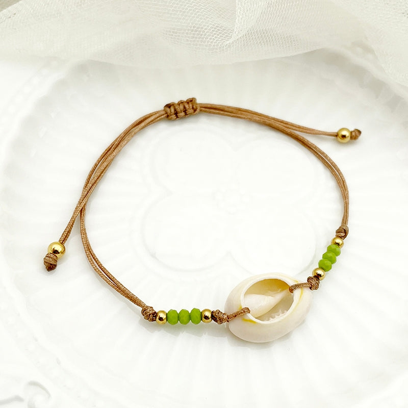 Casual Marine Style Adjustable Shell Bracelet with Green Crystal Beads and 14K Gold Plated Accents