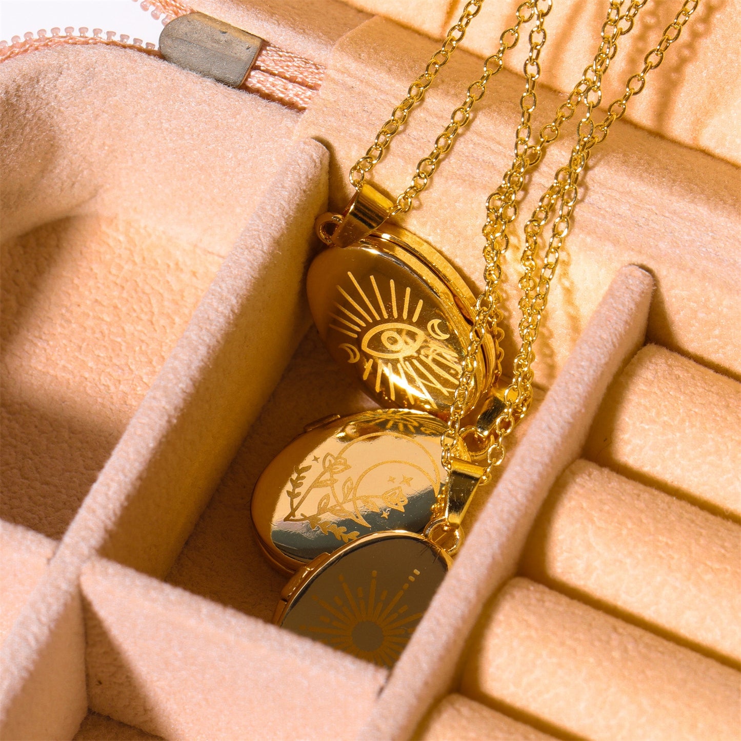 18k Gold Plated Oval Sun Moon Evil Eye Photo Locket Pendant Necklace