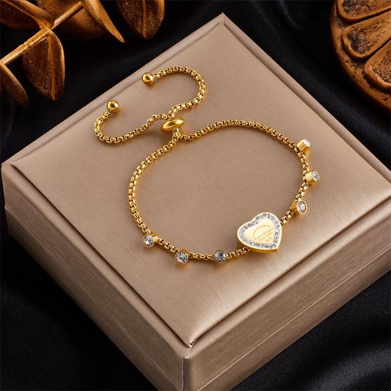 Vintage Heart Shape 18K Gold Plated Stainless Steel Rhinestone Adjustable Bracelet