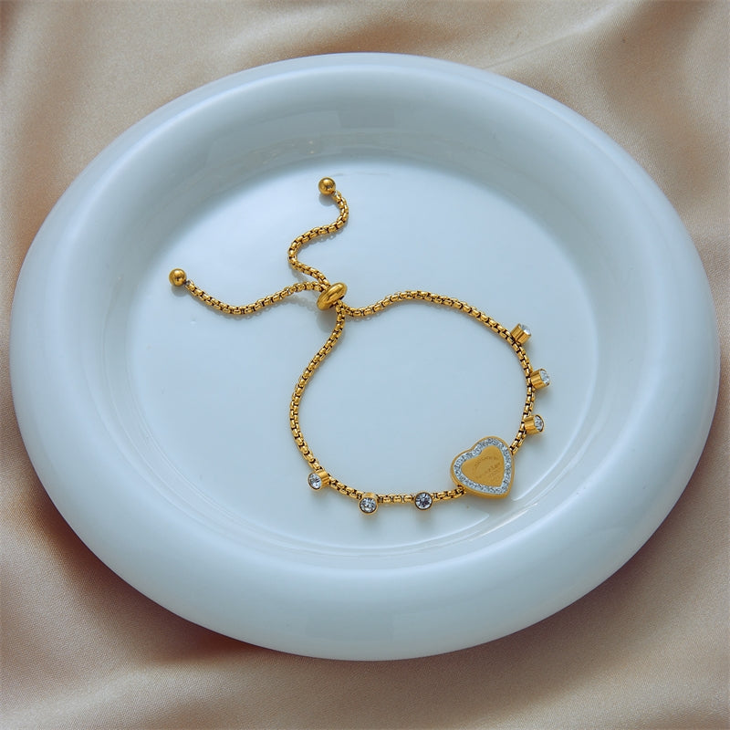 Vintage Heart Shape 18K Gold Plated Stainless Steel Rhinestone Adjustable Bracelet