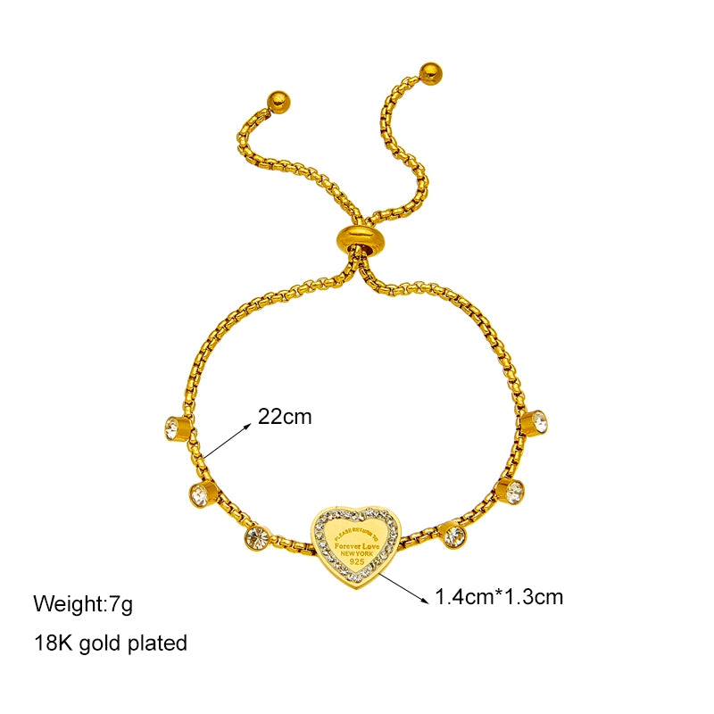 Vintage Heart Shape 18K Gold Plated Stainless Steel Rhinestone Adjustable Bracelet