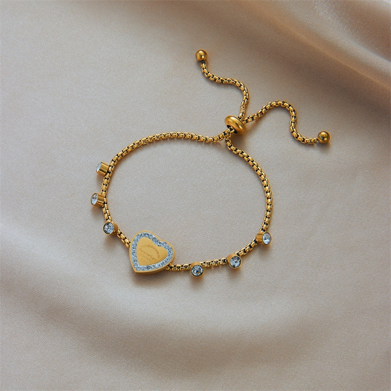 Vintage Heart Shape 18K Gold Plated Stainless Steel Rhinestone Adjustable Bracelet
