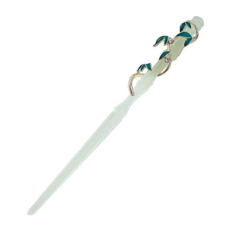 Chinoiserie Leaf Alloy Hairpin with Acetic Acid Inlay and Rhinestones