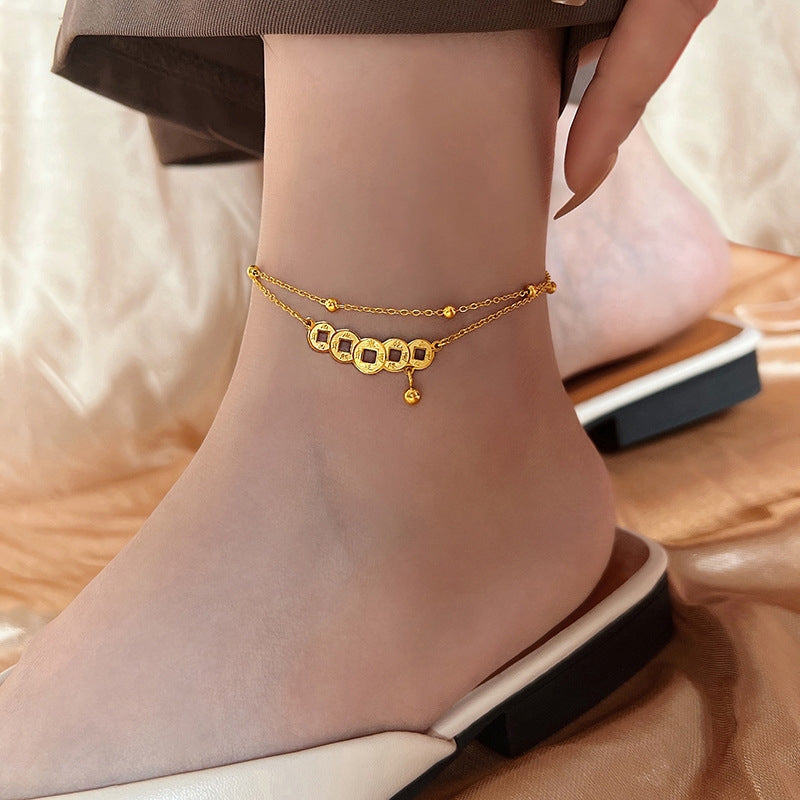 Chinoiserie Double Layer Coin Pendant Stainless Steel Women's Anklet