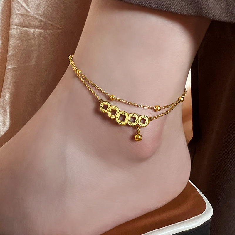 Chinoiserie Double Layer Coin Pendant Stainless Steel Women's Anklet