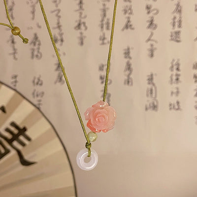 Chinoiserie Elegant Peach Pink Rose Resin Pendant Necklace 2023 Fashion Beaded Accessory