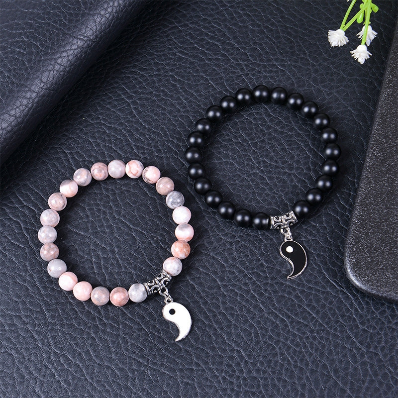 Chinoiserie Natural Stone Beaded Bracelets Set - 8mm Black Matte & Pink Crystal Yin Yang Design