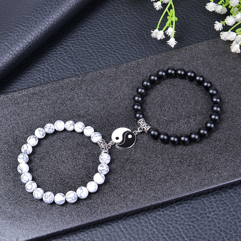 Chinoiserie Natural Stone Beaded Bracelets Set - 8mm Black Matte & Pink Crystal Yin Yang Design