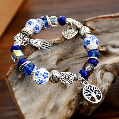 Chinoiserie Blue and White Porcelain Crystal Ceramic Tree of Life Bracelet