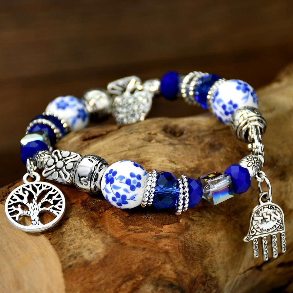 Chinoiserie Blue and White Porcelain Crystal Ceramic Tree of Life Bracelet