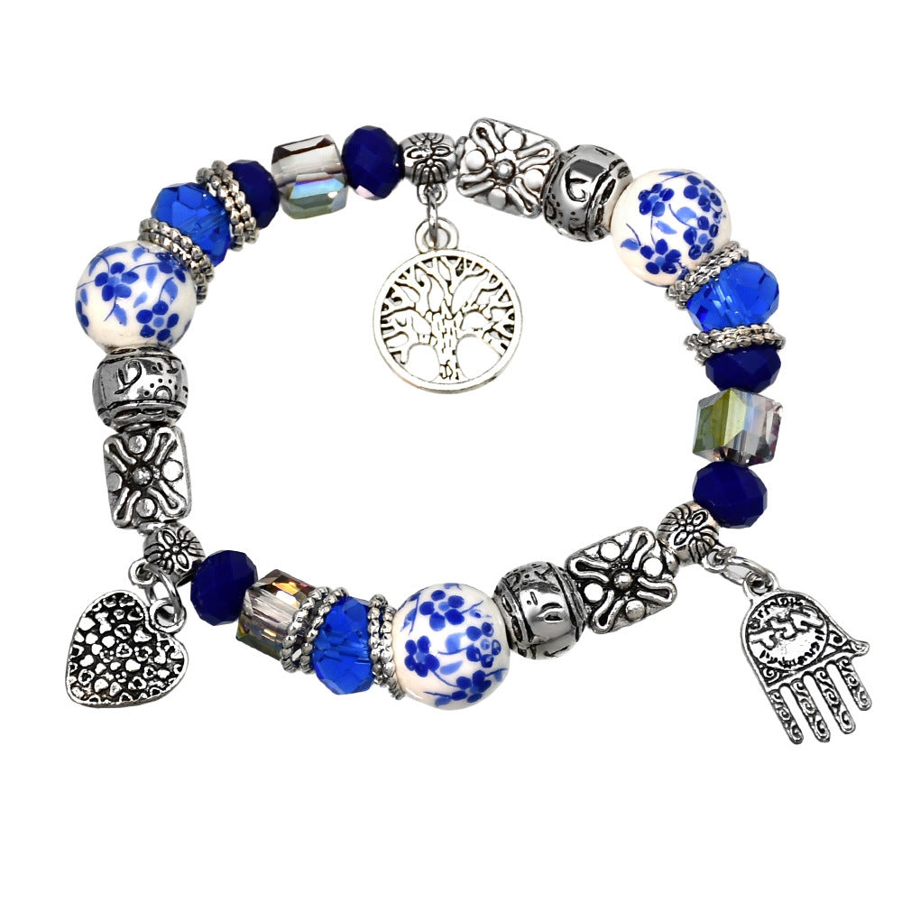 Chinoiserie Blue and White Porcelain Crystal Ceramic Tree of Life Bracelet