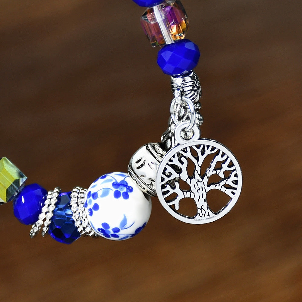 Chinoiserie Blue and White Porcelain Crystal Ceramic Tree of Life Bracelet