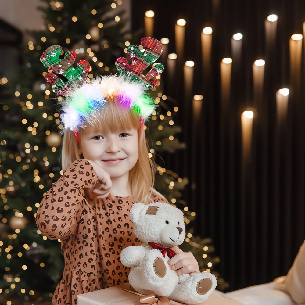 Christmas LED Light-Up Reindeer Antler Headband with Feather Trim