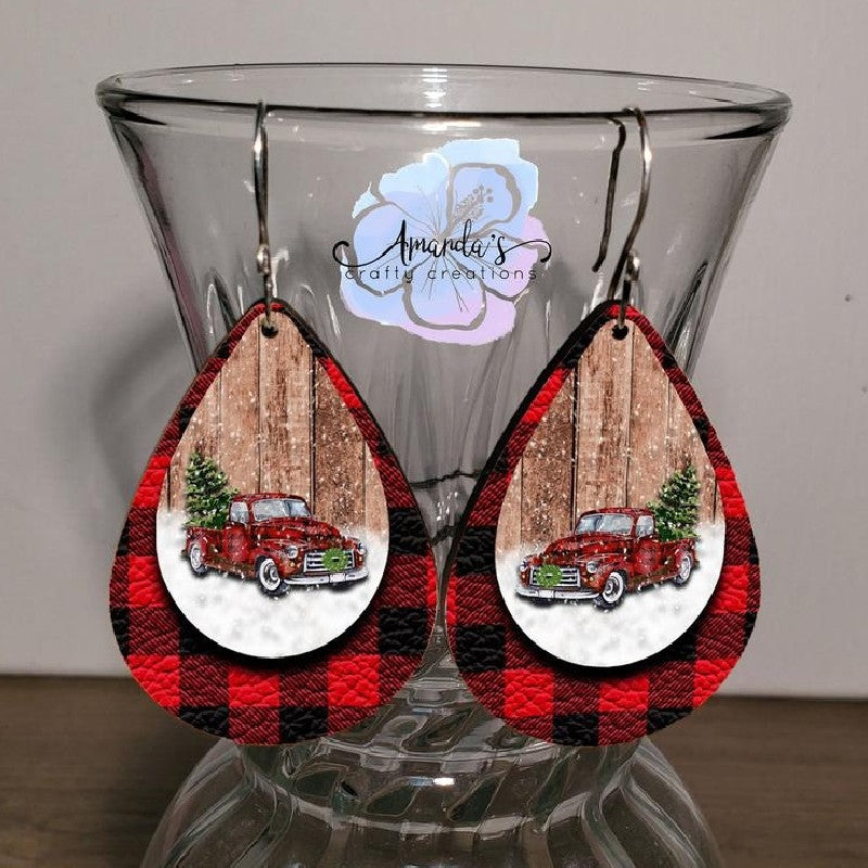 Christmas Tree Car Print Leather Drop Earrings