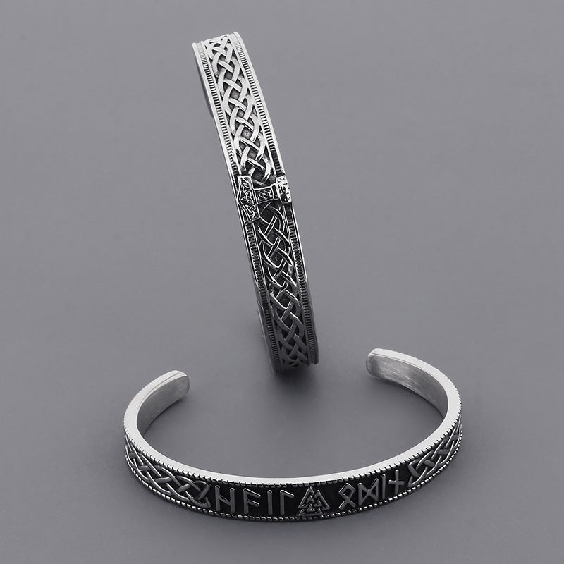 Classic Viking Rune Thor's Hammer Open Cuff Titanium Steel Men's Bangle