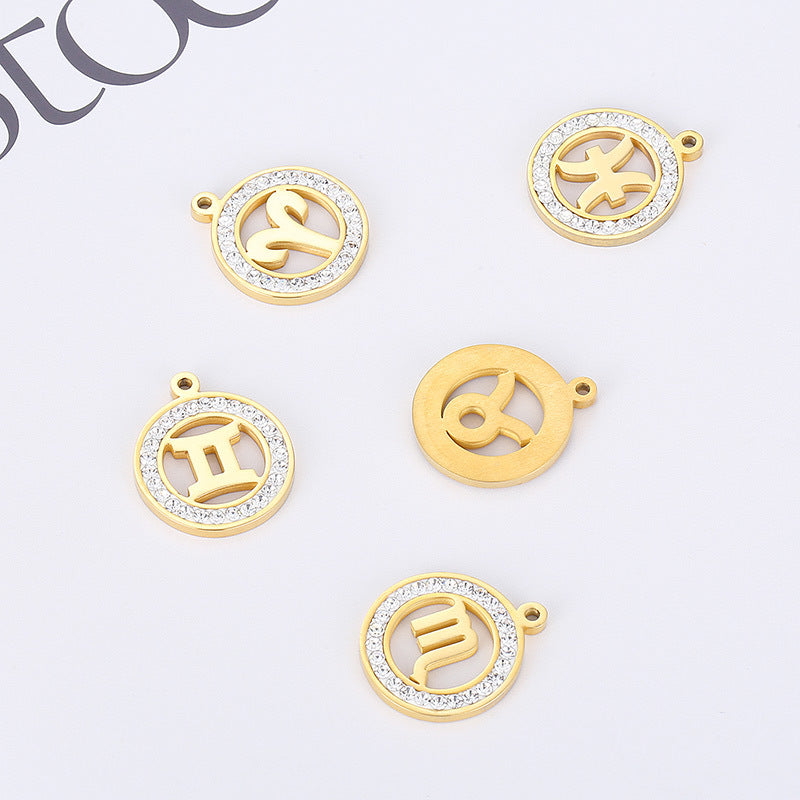 Classic Stainless Steel Zodiac Constellation Pendant Necklace with Rhinestone Inlay