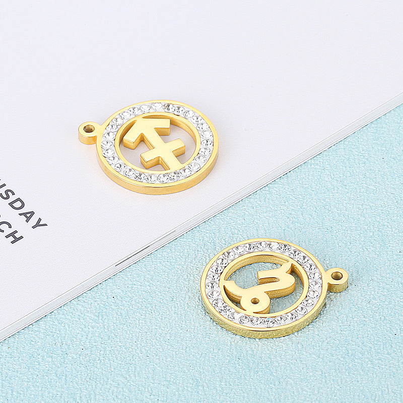 Classic Stainless Steel Zodiac Constellation Pendant Necklace with Rhinestone Inlay