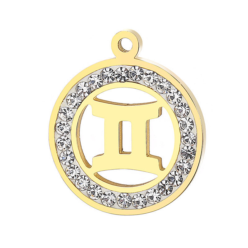 Classic Stainless Steel Zodiac Constellation Pendant Necklace with Rhinestone Inlay