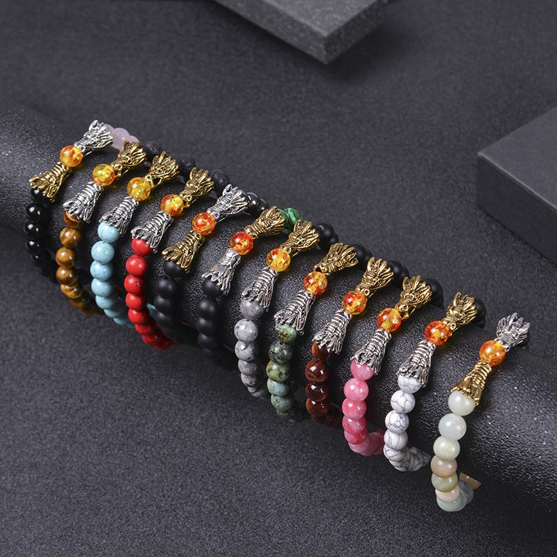 Classic Round Natural Stone Beaded Bracelet with Dragon Head and Matte Tiger Eye Beads