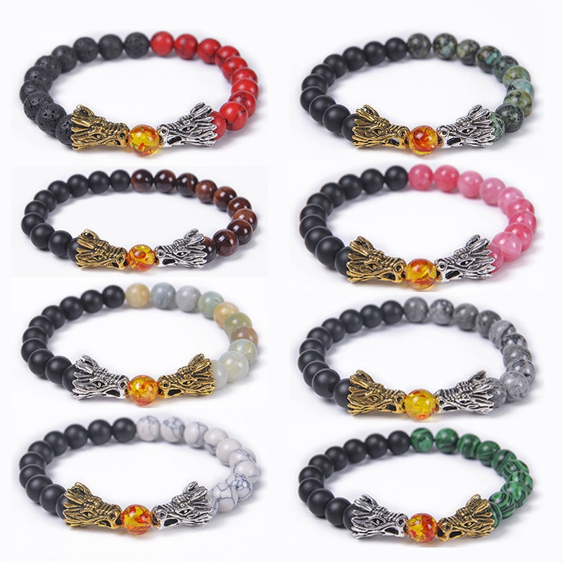 Classic Round Natural Stone Beaded Bracelet with Dragon Head and Matte Tiger Eye Beads