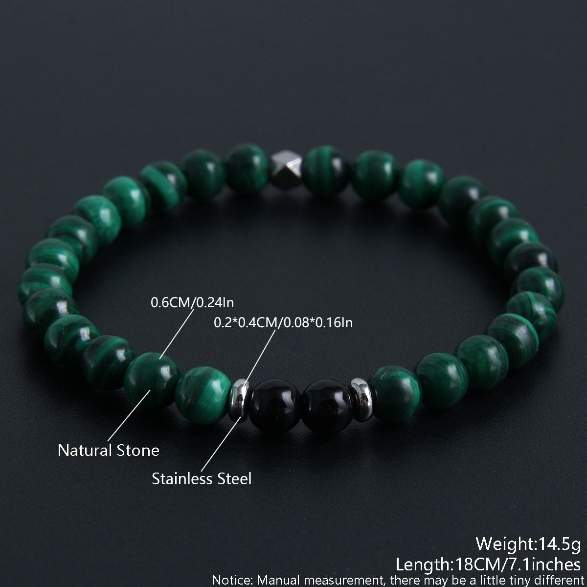 Classic Round Malachite & Tiger Eye Natural Stone Beaded Bracelet for Men and Women