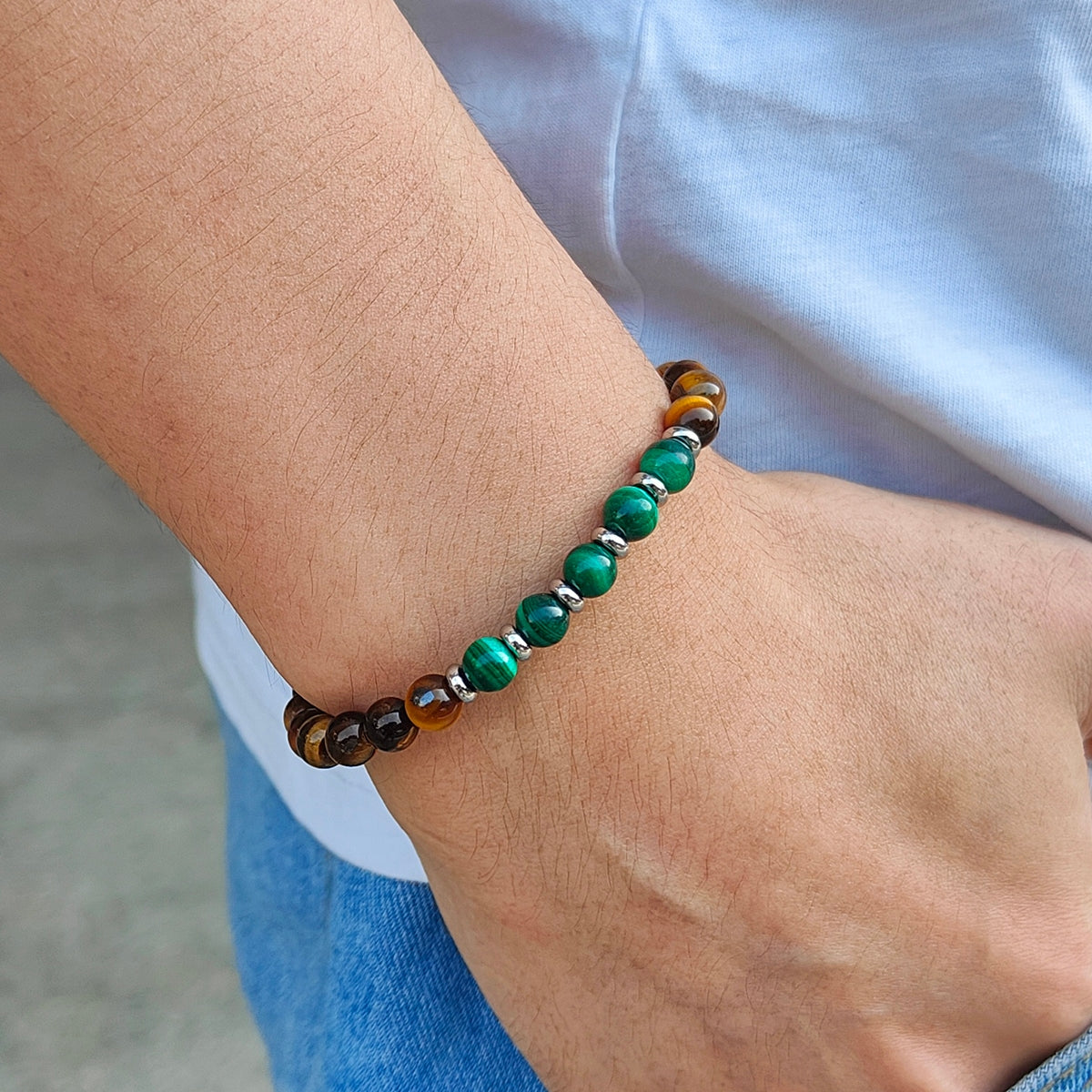 Classic Round Malachite & Tiger Eye Natural Stone Beaded Bracelet for Men and Women