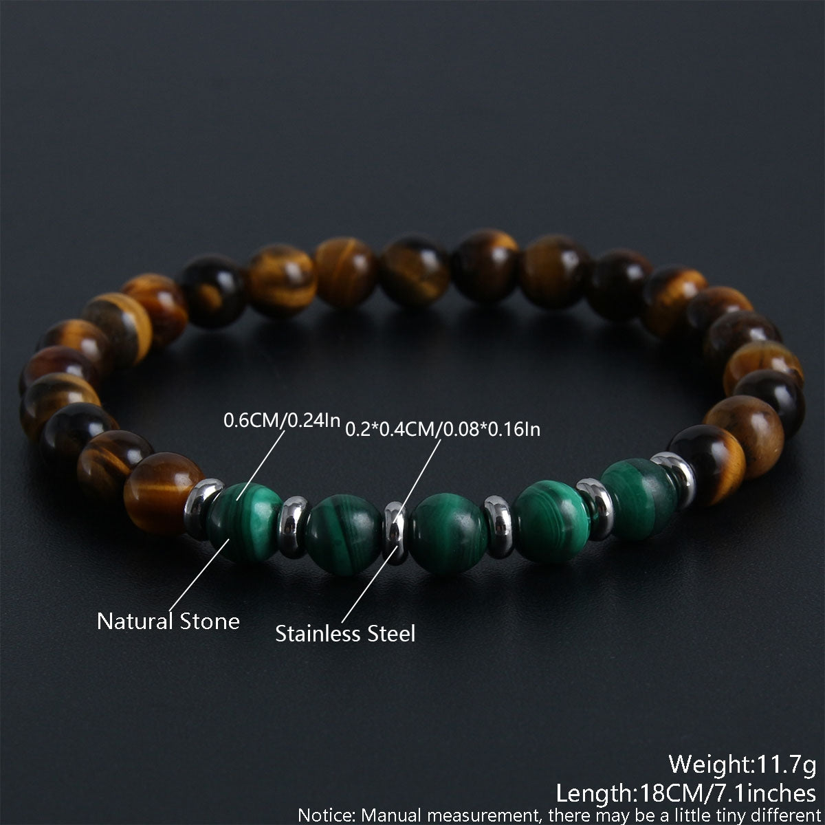 Classic Round Malachite & Tiger Eye Natural Stone Beaded Bracelet for Men and Women