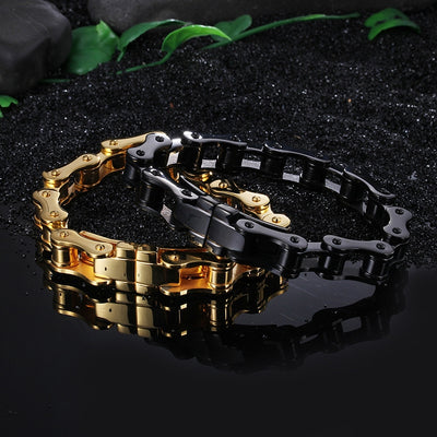 Classic Titanium Steel 18K Gold Plated Men's Bracelet with Black Stainless Steel Bike Chain Design