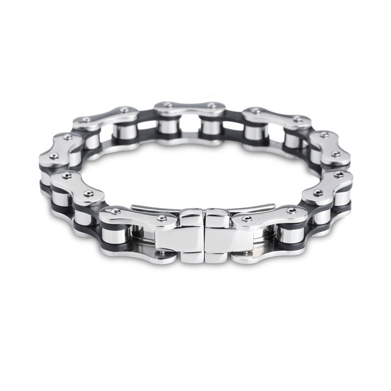 Classic Titanium Steel 18K Gold Plated Men's Bracelet with Black Stainless Steel Bike Chain Design