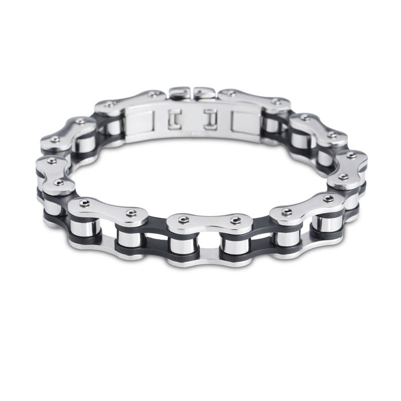 Classic Titanium Steel 18K Gold Plated Men's Bracelet with Black Stainless Steel Bike Chain Design