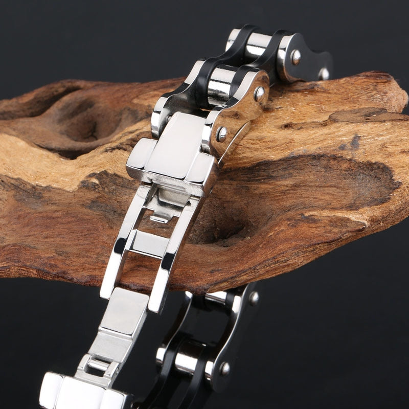 Classic Titanium Steel 18K Gold Plated Men's Bracelet with Black Stainless Steel Bike Chain Design