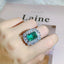 Classic Vintage Square Brass Inlay Zircon and Emerald Ring Set