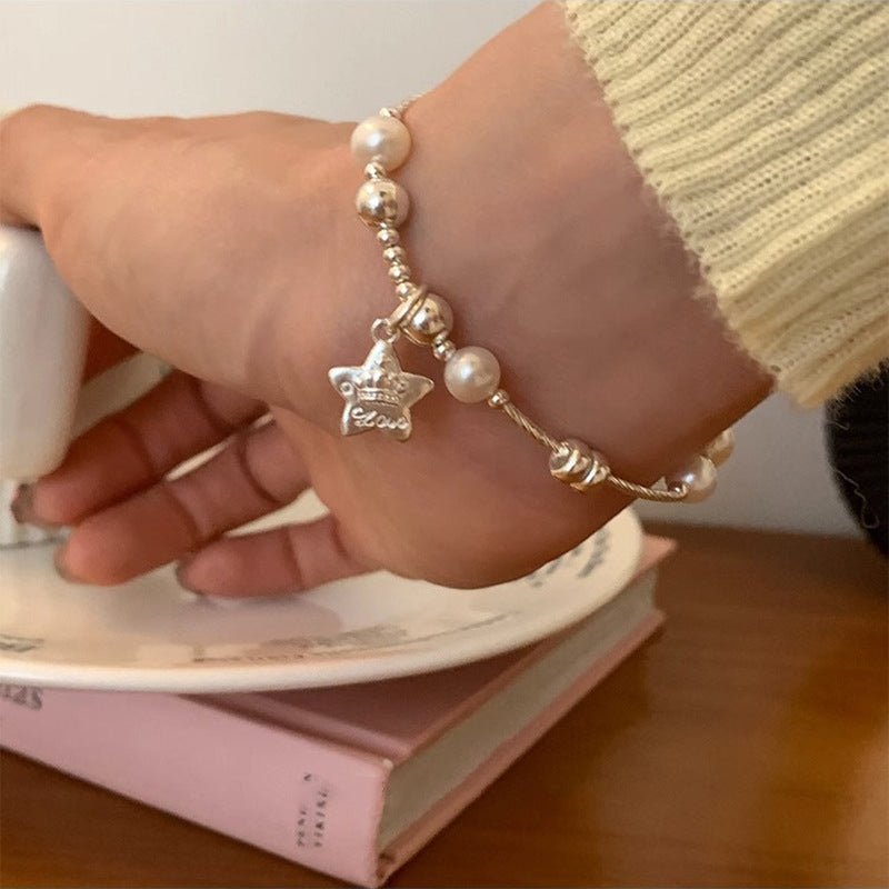 Classic Star Pendant Sterling Silver Bracelet for Women - Korean Fashion Stacking Bead Design