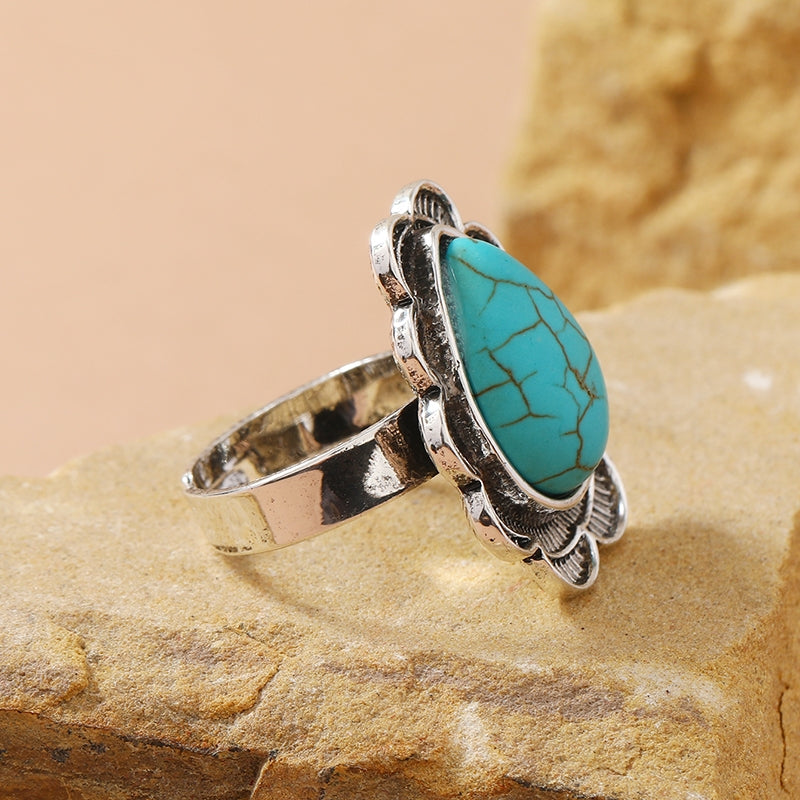 Classical Geometric Turquoise Water Droplet Women's Open Ring