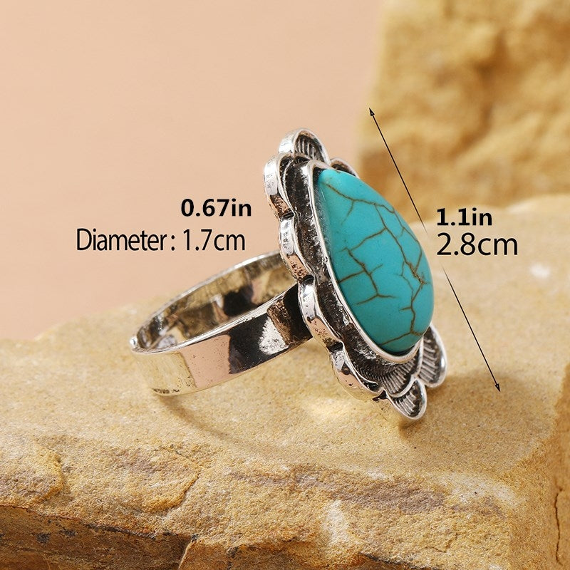 Classical Geometric Turquoise Water Droplet Women's Open Ring