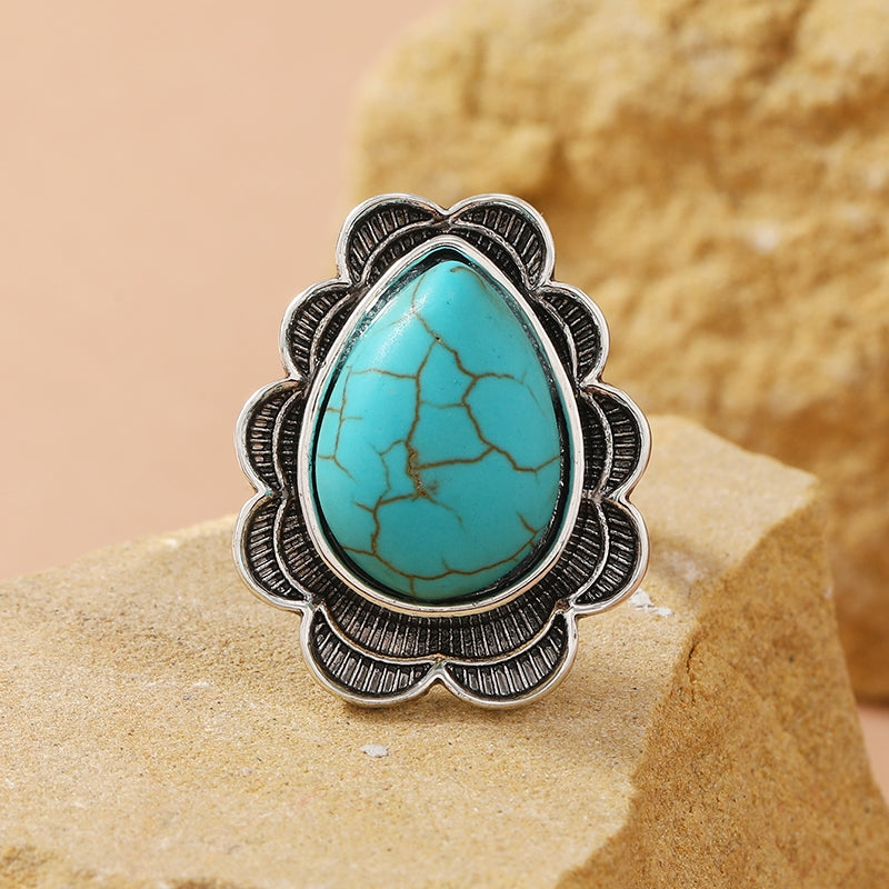 Classical Geometric Turquoise Water Droplet Women's Open Ring