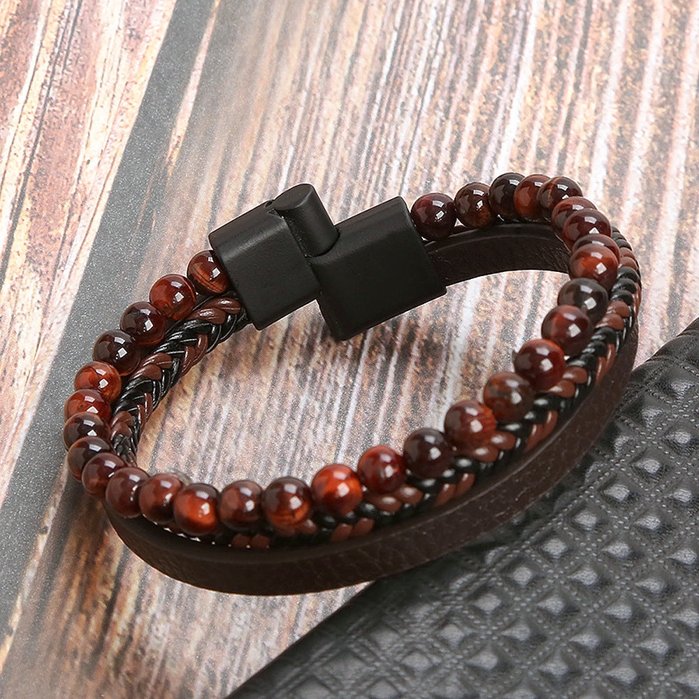 Classic Hip-hop Alloy and Leather Men's Bracelet with Natural Stone and Lava Beads