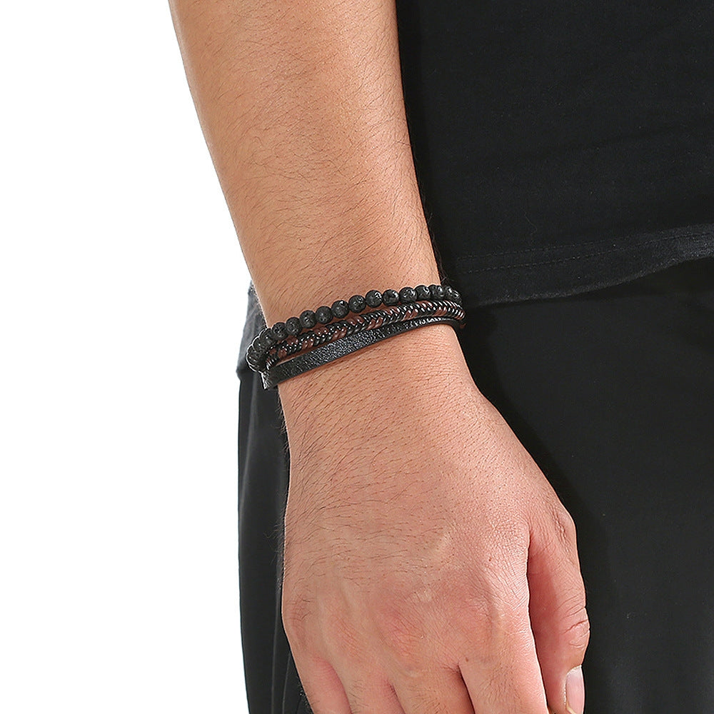 Classic Hip-hop Alloy and Leather Men's Bracelet with Natural Stone and Lava Beads