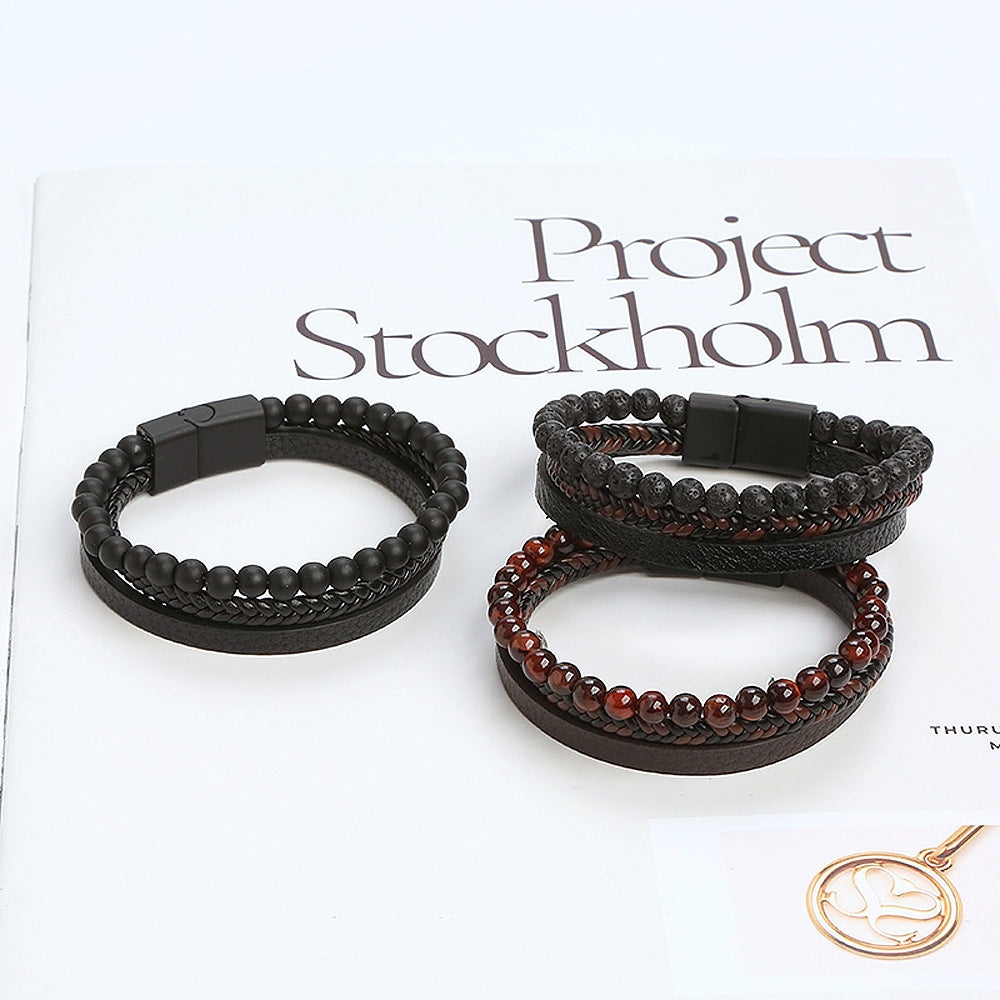 Classic Hip-hop Alloy and Leather Men's Bracelet with Natural Stone and Lava Beads