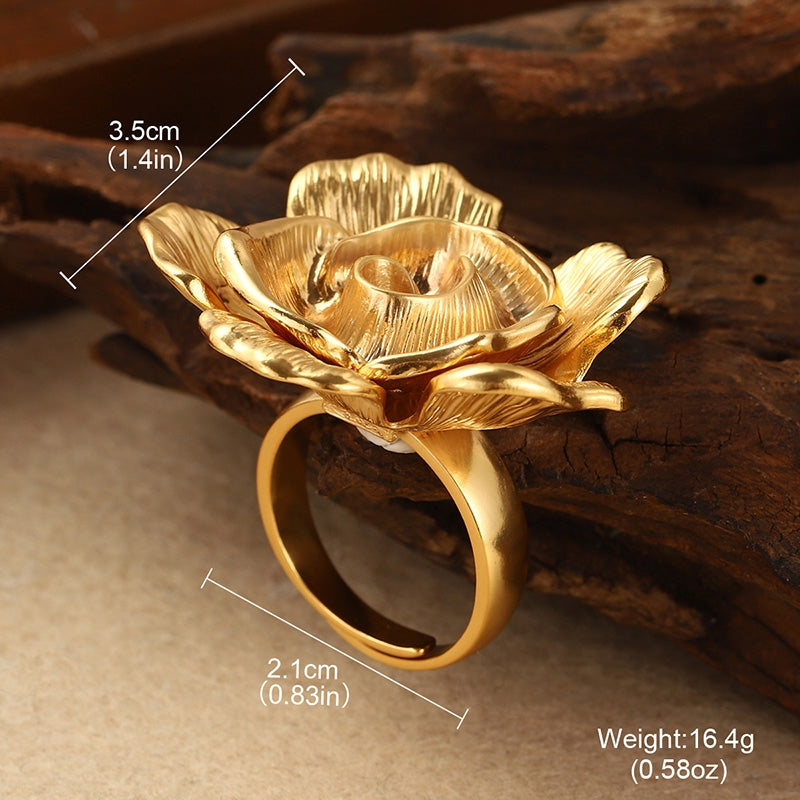 Classical French Style Floral Imitation Pearl 18K Gold Plated Women's Adjustable Ring