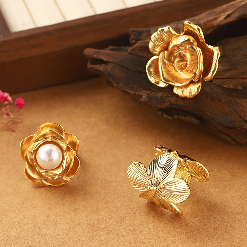 Classical French Style Floral Imitation Pearl 18K Gold Plated Women's Adjustable Ring